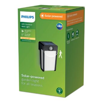 Solárne nástenné svietidlo Philips LED Shroud, čierne/opálové, senzor