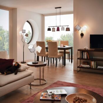 Stojaca lampa Maronda tri textilné tienidlá