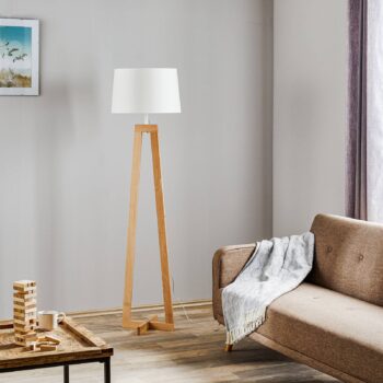 Stojaca lampa Sacha LS z dreva a textilu, biela