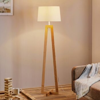 Stojaca lampa Sacha LS z dreva a textilu, biela