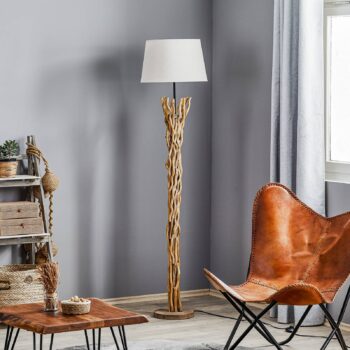 Stojacia lampa Agar s látkovým tienidlom a dreveným prvkom