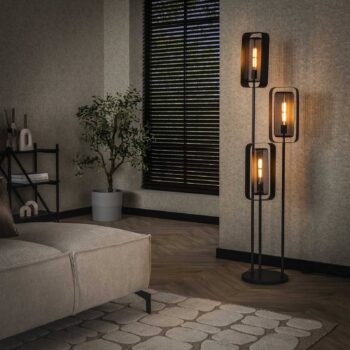 Stojacia lampa Alma, 3 svetlá, čierna, kov, otočné sieťované tienidlo