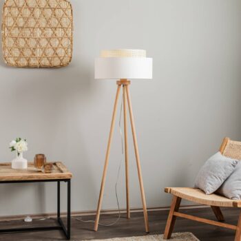 Stojacia lampa Boho, trojnohá krémovo-biela/rattan