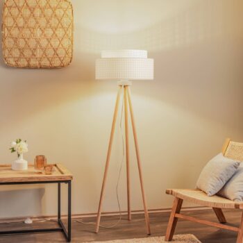 Stojacia lampa Boho, trojnohá krémovo-biela/rattan