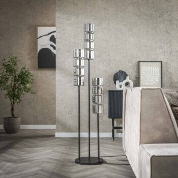 Stojacia lampa Cylindro, 3 svetlá, chróm, čierna, sklo