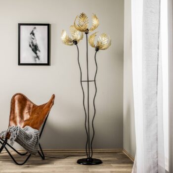 Stojacia lampa Dubai, palmový dekor, 3-pl., zlatá