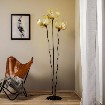 Stojacia lampa Dubai, palmový dekor, 3-pl., zlatá