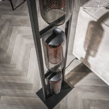 Stojacia lampa Kamilian, 3 svetlá, dymovo sivá, čierna, sklo, kov