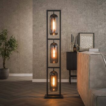Stojacia lampa Kamilian, 3 svetlá, dymovo sivá, čierna, sklo, kov