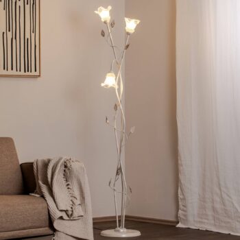 Stojacia lampa Lancia, farba slonovej kosti, 3 svetlá, železo, sklo