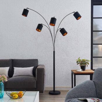Stojacia lampa Lindby Abiram, čierna/zlatá, textil, 70 cm