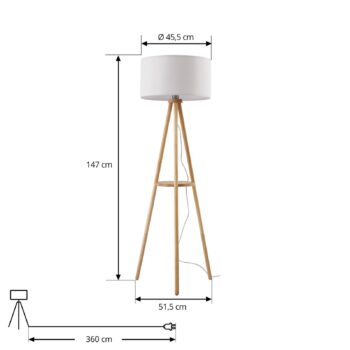 Stojacia lampa Lindby Adamio, Ø 45,5 cm, biela, textil, trojnožka