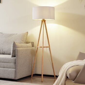 Stojacia lampa Lindby Adamio, Ø 45,5 cm, biela, textil, trojnožka