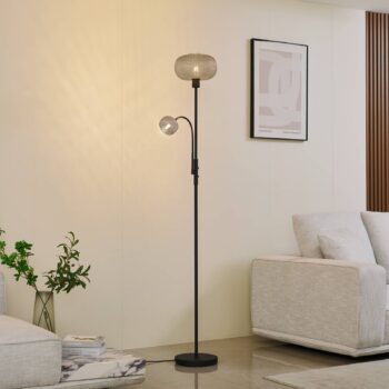Stojacia lampa Lindby Aliette, čierna/sivá, sklo, svetlo na čítanie