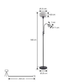 Stojacia lampa Lindby Aliette, čierna/sivá, sklo, svetlo na čítanie