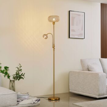 Stojacia lampa Lindby Aliette, zlatá/jantárová, sklo, svetlo na čítanie