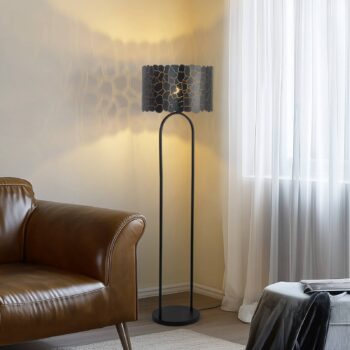 Stojacia lampa Lindby Aralena, čierna/zlatá, výška 143,5 cm