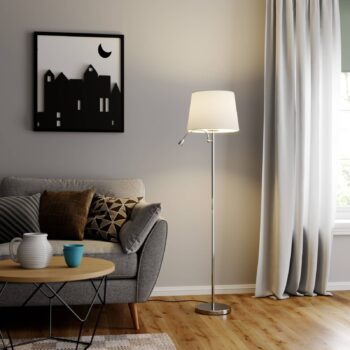 Stojacia lampa Lindby Benjiro, biela, textil, svetlo na čítanie, 150 cm