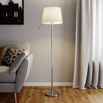Stojacia lampa Lindby Benjiro, biela, textil, svetlo na čítanie, 150 cm