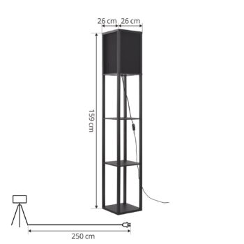 Stojacia lampa Lindby Birta, polica, drevo, čierna, 159 cm