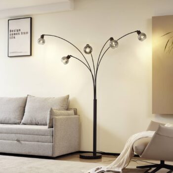 Stojacia lampa Lindby Braccio, sivá/čierna, sklo, 5-pl. 204,5 cm