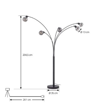 Stojacia lampa Lindby Braccio, sivá/čierna, sklo, 5-pl. 204,5 cm