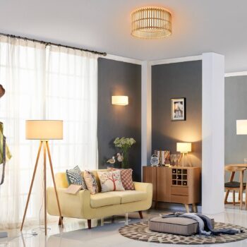 Stojacia lampa Lindby Charlia, biela, drevo, výška 150 cm