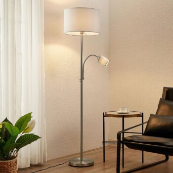 Stojacia lampa Lindby Colima, sivá, textilná, lampa na čítanie, 170 cm