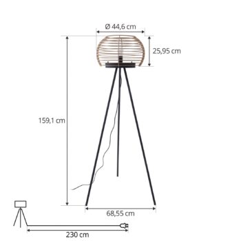 Stojacia lampa Lindby Ediz, čierna, drevo, výška 159 cm, E27