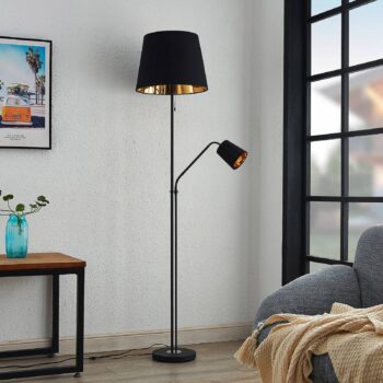 Stojacia lampa Lindby Efalia, čierna/zlatá, textil, svetlo na čítanie