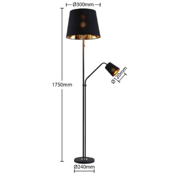 Stojacia lampa Lindby Efalia, čierna/zlatá, textil, svetlo na čítanie