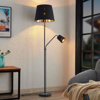 Stojacia lampa Lindby Efalia, čierna/zlatá, textil, svetlo na čítanie