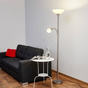 Stojacia lampa Lindby Elaina, 180 cm, niklová farba, svetlo na čítanie