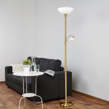 Stojacia lampa Lindby Elaina, svetlo na čítanie, mosadzná farba, 183cm E27