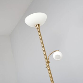 Stojacia lampa Lindby Elaina, svetlo na čítanie, mosadzná farba, 183cm E27
