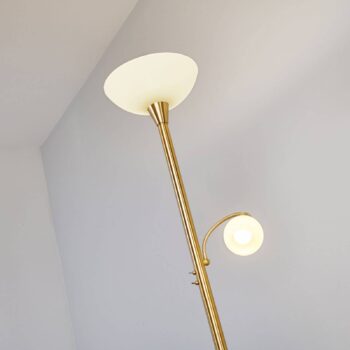 Stojacia lampa Lindby Elaina, svetlo na čítanie, mosadzná farba, 183cm E27