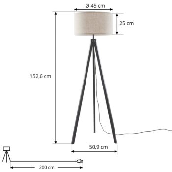 Stojacia lampa Lindby Herry, čierna, drevo, trojnožka, 153 cm