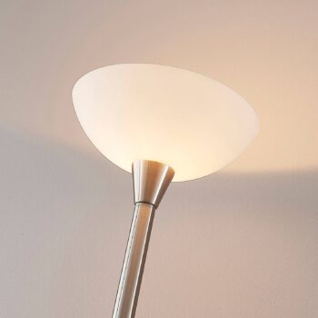 Stojacia lampa Lindby Ignacia, farba niklu, sklo, 180 cm, E27