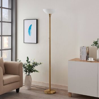 Stojacia lampa Lindby Ignacia, mosadzná farba, sklo, 180 cm, E27