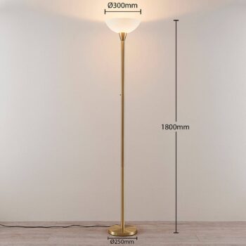 Stojacia lampa Lindby Ignacia, mosadzná farba, sklo, 180 cm, E27