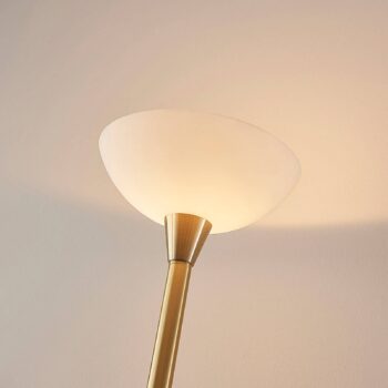 Stojacia lampa Lindby Ignacia, mosadzná farba, sklo, 180 cm, E27
