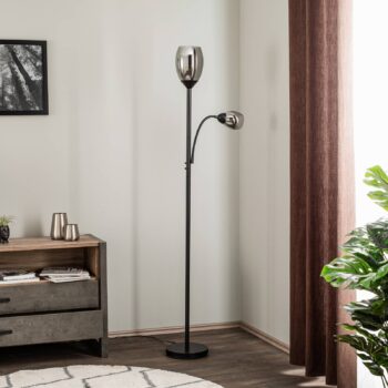 Stojacia lampa Lindby Irmino s tienidlami z dymového skla