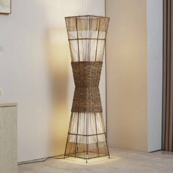 Stojacia lampa Lindby Jacinto, bambus, konope, výška 130 cm