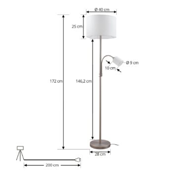Stojacia lampa Lindby Jaileen, biela, textil, 170 cm, lampa na citanie