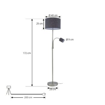 Stojacia lampa Lindby Jaileen, sivá, textil, 170 cm, svetlo na čítanie
