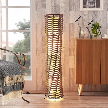 Stojacia lampa Lindby Joas, 110 cm, papier, textil, hnedá