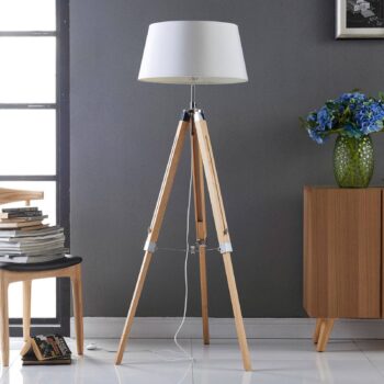 Stojacia lampa Lindby Katie, 162 cm, biela, textil, drevo, trojnožka