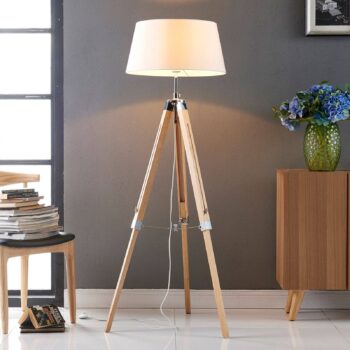 Stojacia lampa Lindby Katie, 162 cm, biela, textil, drevo, trojnožka