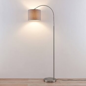 Stojacia lampa Lindby Keriba, nikel/taupe, látka, 150 cm, E27