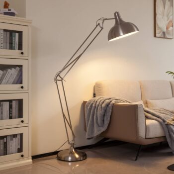 Stojacia lampa Lindby Leia, strieborná, kov, 180 cm, otočná, E27